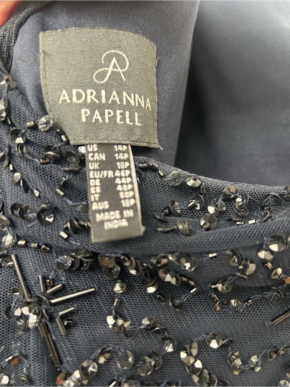 Adrianna Papell Navy Gown with Black Bead Embellishment